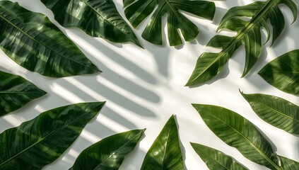 A vibrant arrangement of lush tropical leaves arranged on a white surface, showcasing intricate details and dramatic shadows cast by natural light.