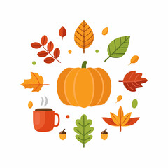 Fototapeta premium Autumn icon set featuring leaves, pumpkins, acorns, and harvest baskets. Perfect for seasonal design, Thanksgiving, and fall-themed creative projects