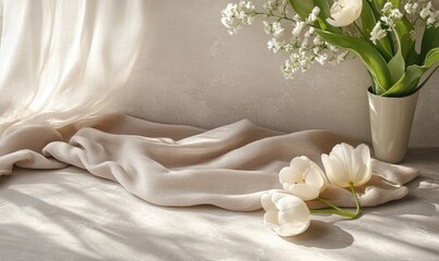 Serene greige pastel-colored tulip texture, forming a tranquil background that embodies floral aesthetic minimalism with soft, gentle pastel hues that evoke calm and sophistication, Generative AI