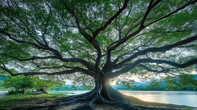 Giant rain tree over calm water landscape
