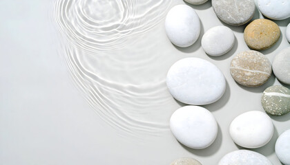 Smooth White and Beige Stones in Water Ripples on Grey Background