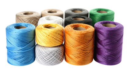 Colorful thread spools for various sewing and craft projects on white background