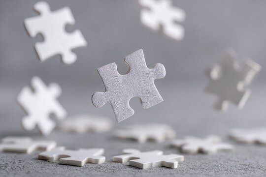 White jigsaw puzzle pieces floating in mid-air against a muted gray background - Powered by Adobe