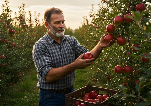 Farmer Carefully Picking Ripe Apples from a Tree in an Orchard with Warm Natural Daylight for Organic Food and Healthful Living - Powered by Adobe
