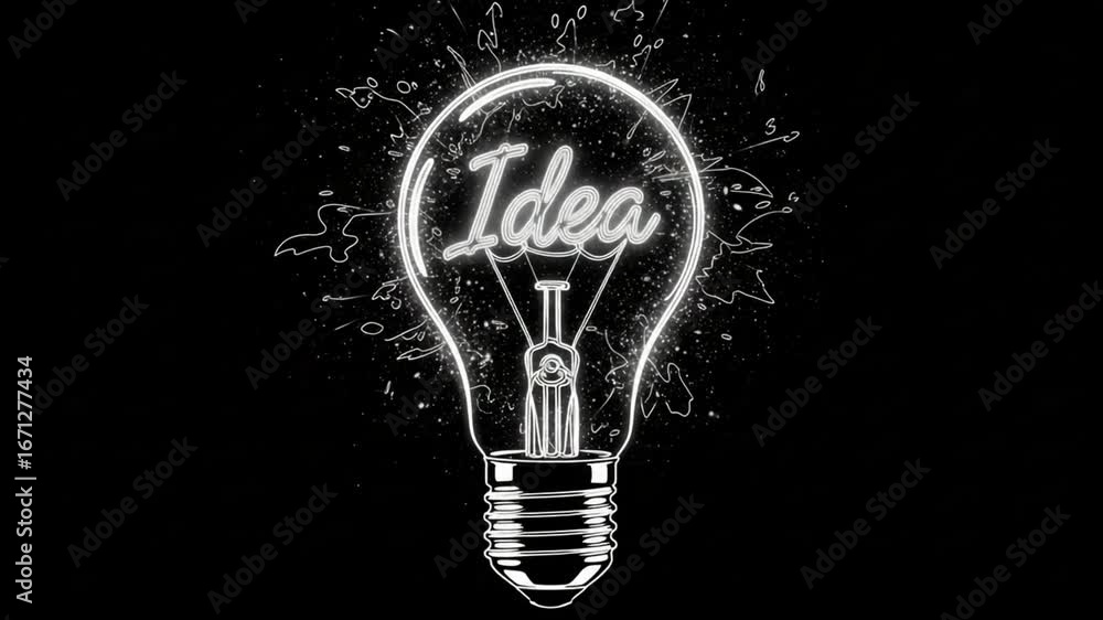 Poster illuminated outline of a light bulb with the word idea inside on a black background with white spark