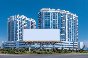 Obraz premium Blank Billboard Advertising In Front of Modern HighRise Apartment Buildings with Sunny Day.