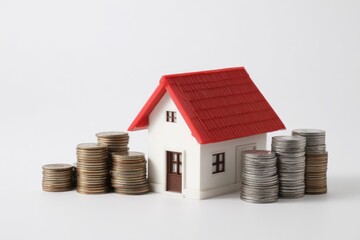Miniature house model next to stacks of coins on white background