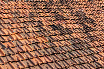 close up view of a tiled roof on a residential house. Typical Indonesian roof.