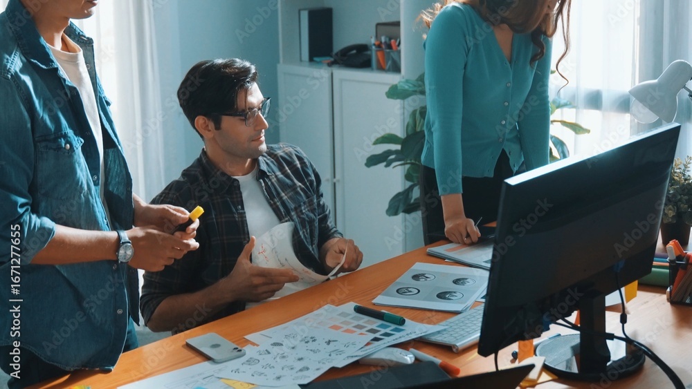 Aufkleber top view of project manager looking at screen while designer writing idea. close up of smart busines