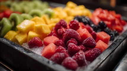 Mixed sliced fruits on an ice tray at a buffet display