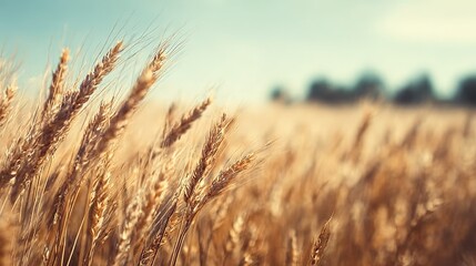 Naklejka premium Close-up shot of golden wheat field with detailed grain texture, warm vintage tones, blurred trees and blue sky background for nature themes