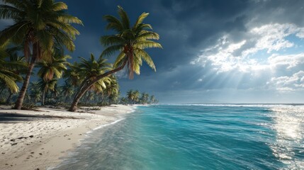 Tropical beach with leaning palm trees, turquoise ocean and dramatic sky with sun rays breaking through clouds