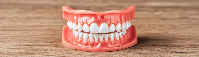 Obraz premium Close up of neatly aligned dental prosthetics on wooden surface showing clean white teeth and pink gums with natural look