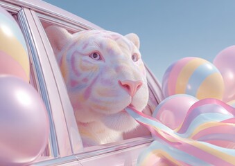 Whimsical Pastel-Colored Tiger in Pink Car Surrounded by Vibrant Balloons and Rainbow Ribbons on a Clear Blue Sky Day