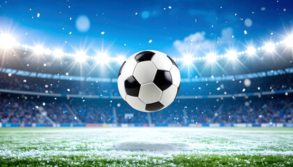 Fototapeta premium Soccer Ball in Snowy Stadium at Night