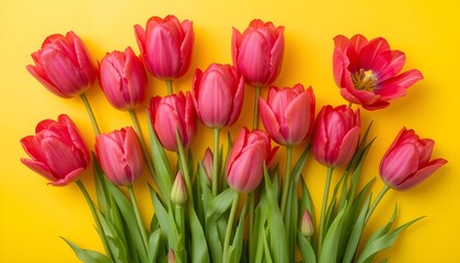 Fototapeta premium Beautiful Fresh Tulip Flowers on Bright Yellow Background