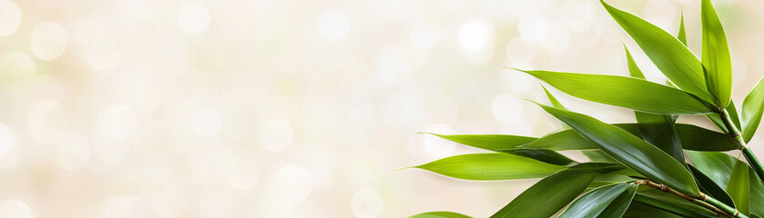 Green bamboo leaf with soft bokeh background, natural fresh plant detail, vibrant foliage close up with bright light and peaceful atmosphere