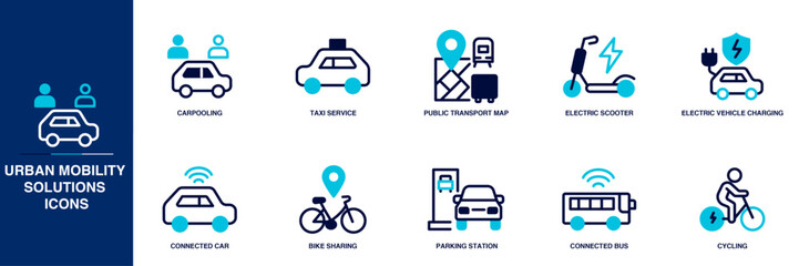 Urban Mobility Solutions Blue Colored Outline Icon Set