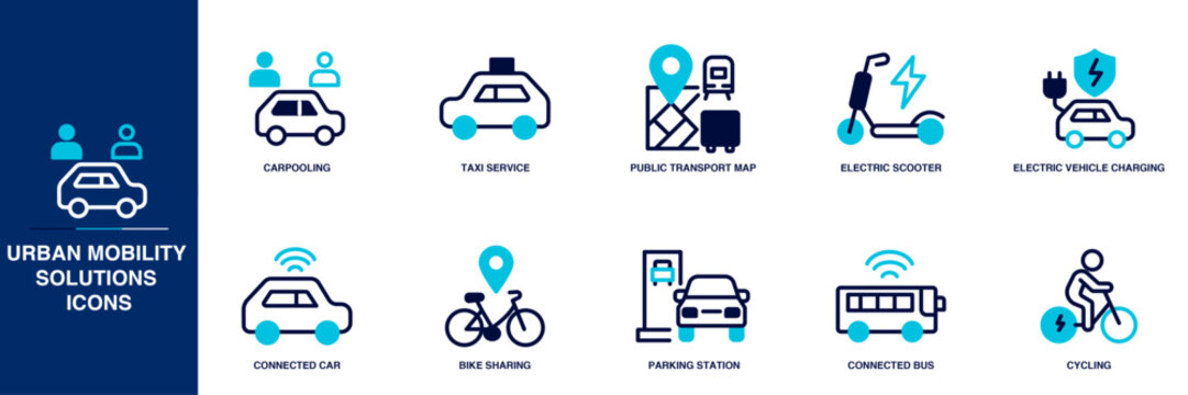 Urban Mobility Solutions Blue Colored Outline Icon Set