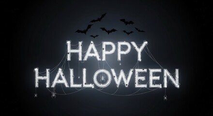 Spooky neon 'Happy Halloween' with bats and spiders creates chilling atmosphere