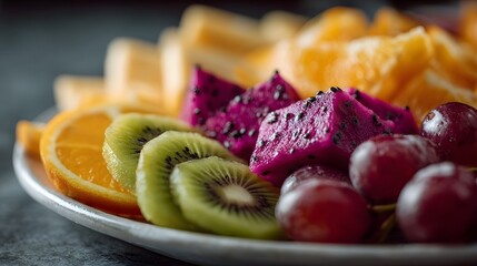 Colorful fruit platter with sliced kiwi grapes orange and dragon fruit