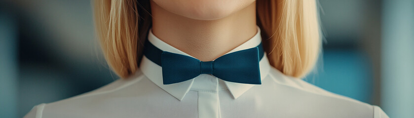 Close up of woman wearing white shirt and dark blue bow tie, showing elegance and formal style in blurred background setting