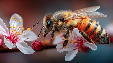 A honey bee forages on a pink flower, showcasing its intricate wings and pollen sacs.