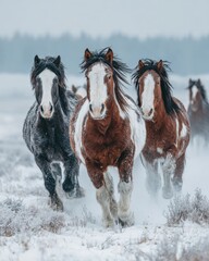 Majestic Herd of Wild Horses Running through Snow-Covered Landscape with Trees in the Background during Winter Season, wild horses