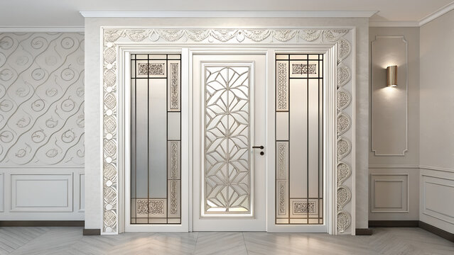 Ornate white door with decorative glass panels and side lights in a modern in style
