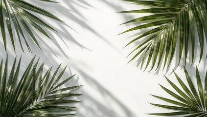 Obraz premium Fresh green palm fronds create a serene, natural pattern against a plain white backdrop.