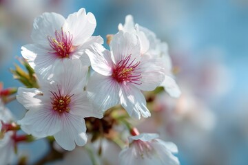 Close-up of delicate, white cherry blossoms against a soft blue sky