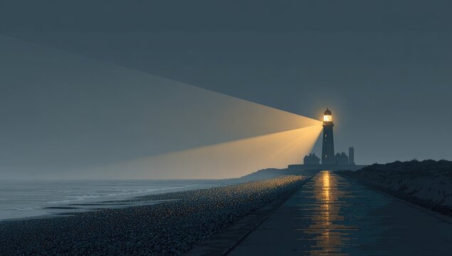 Lighthouse beam illuminates misty shoreline at dawn - Powered by Adobe