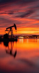 Obraz premium Silhouette oil rig at sunset reflected in calm water