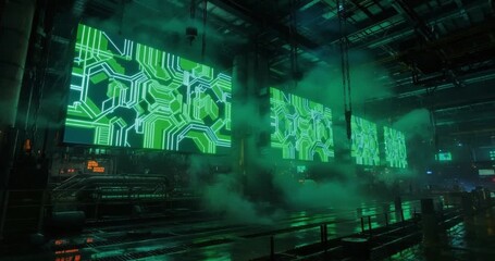 Cyberpunk command center with glowing green digital displays and smoke, please standby for system initialization. - Powered by Adobe