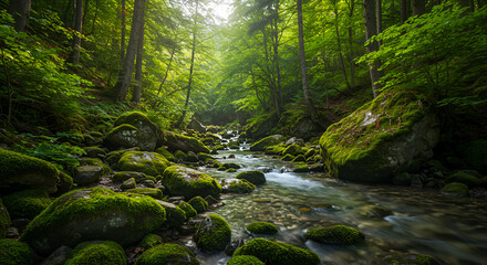 Obraz premium A Lush green forest stream flowing peacefully through moss covered rocks