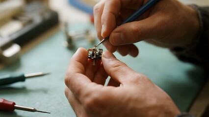 Person using a screwdriver to adjust a small electronic component on a workbench