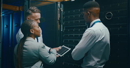 Group, people and programming with tablet in server room for security, software update and...