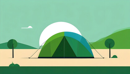 Green and Blue Camping Tent at Sunrise in a Minimalist Landscape Illustration