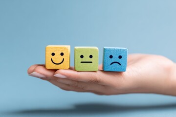 Hand holding three colored wooden blocks with smiley faces, representing customer feedback