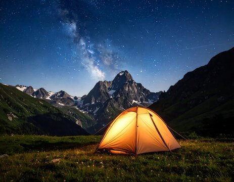 Illuminated tent under starry mountain sky