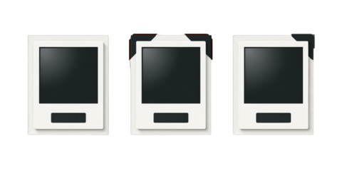 Three white rectangular displays with black screens
