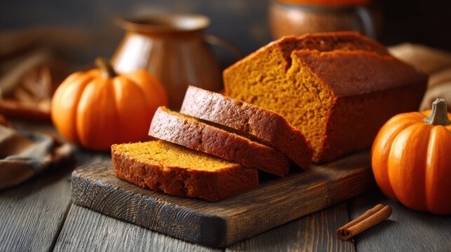 Freshly Baked Pumpkin Bread With Slices Arranged on a Wooden Board Alongside Pumpkins in a Cozy Kitchen Setting