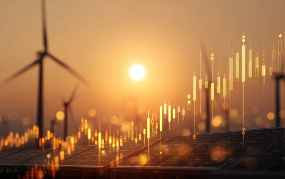 Sunrise over solar panels, wind turbines, and financial charts - Powered by Adobe