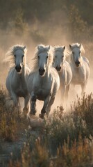 Dynamic group of four majestic white horses galloping swiftly through a dusty sunlit meadow, capturing the essence of freedom and natural beautyhorses