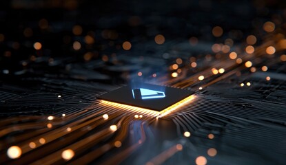 Illuminated processor chip with glowing icon on circuit board
