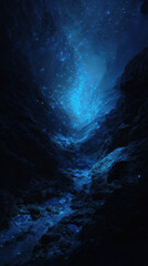 Deep sea trench glowing with bioluminescent creatures, mysterious blue underwater landscape