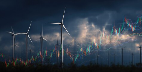 Wind turbines at dusk, financial charts overlayed on stormy sky