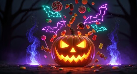 Spooky Halloween pumpkin jack-o'-lantern with glowing bats and flying candy