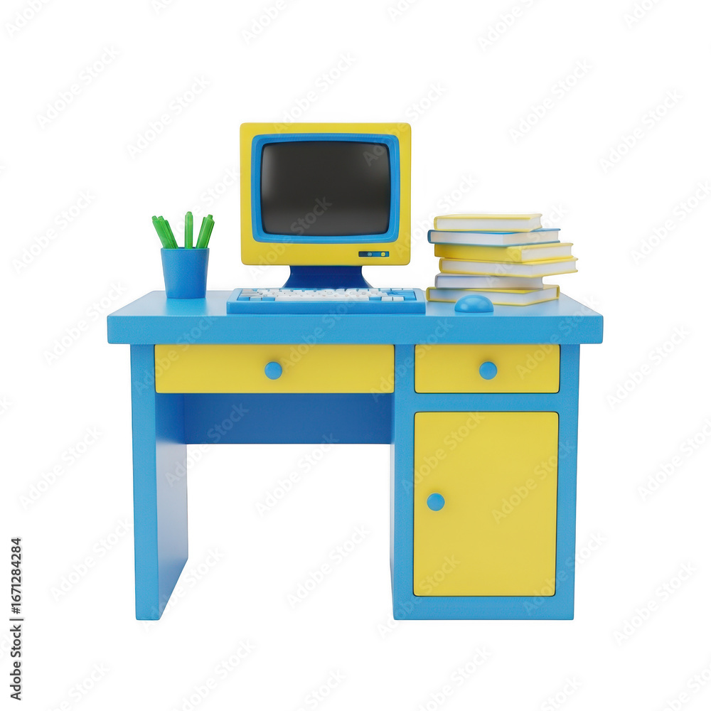 Poster 3d set of a computer desk with monitor keyboard and books isolated on transparent background