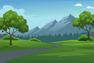 A serene landscape with a winding road and trees in a mountainous area